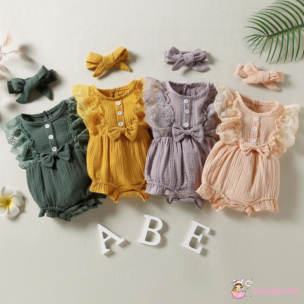 Bộ Áo Liền Quần Cổ Tròn Không Tay Phối Ren Dễ Thương Cho Bé 0-24 Tháng Tuổi