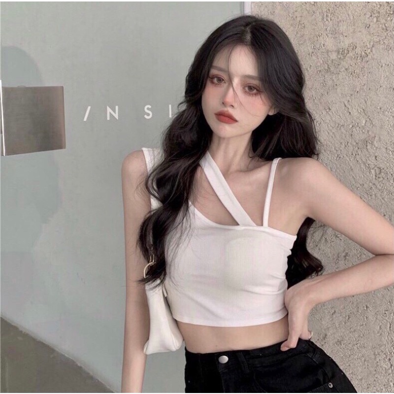 Áo thun croptop nữ ba lỗ dây chéo đen trắng ghi freesize sexy hàn quốc dáng lửng hở eo