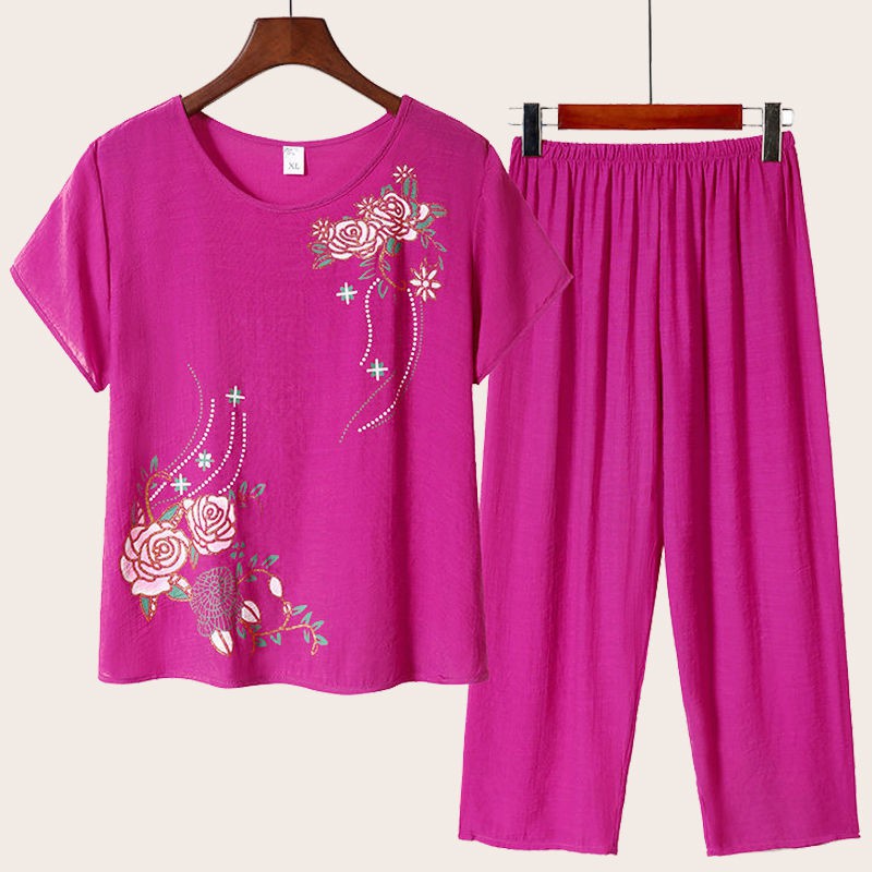 Đồ lót○Bộ đồ ngủ mùa hè nữ pyjama dành cho người cao tuổi có thể mặc bên ngoài trung niên bằng vải cotton và