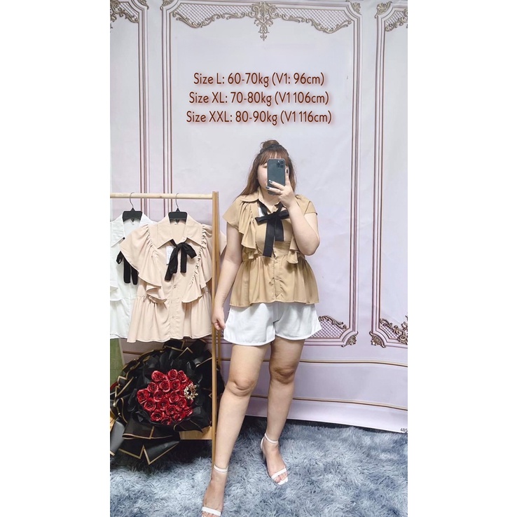 [Shop bigsize nữ] Áo sơ mi nữ tay cánh tiên bigsize 60-90kg (L-XL-XXL) màu: đen, trắng, hồng, nude, nâu