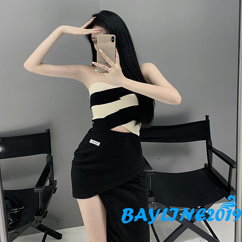 Áo croptop dệt kim màu sắc tương phản thời trang cho nữ