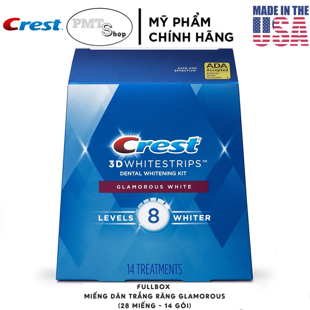 [USA] Miếng Dán Trắng Răng Crest Glamorous White 14 gói levels 8 whiter - Fullbox - Mỹ