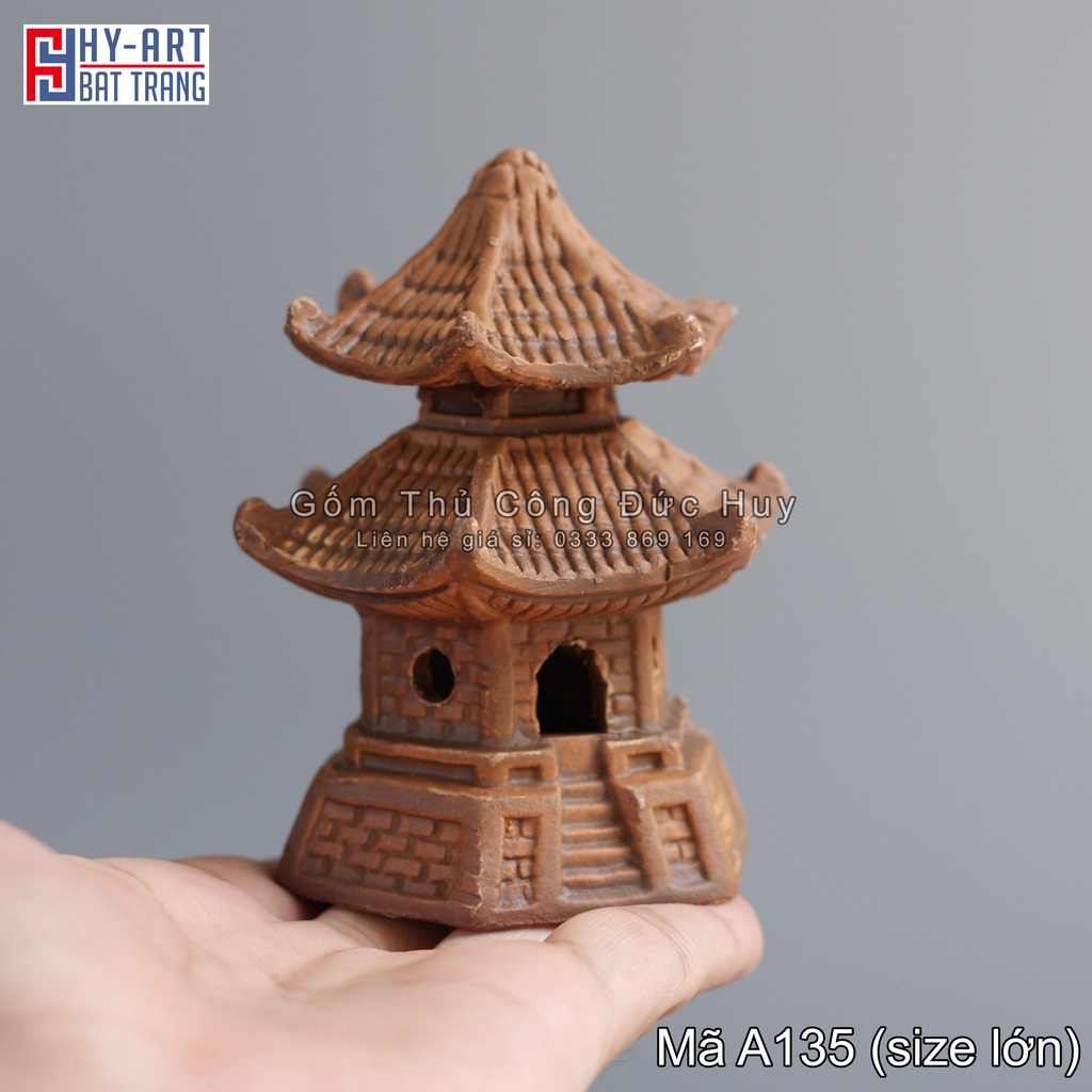 Mô hình gốm tháp lục giác phụ kiện trang trí hòn non bộ mini đẹp