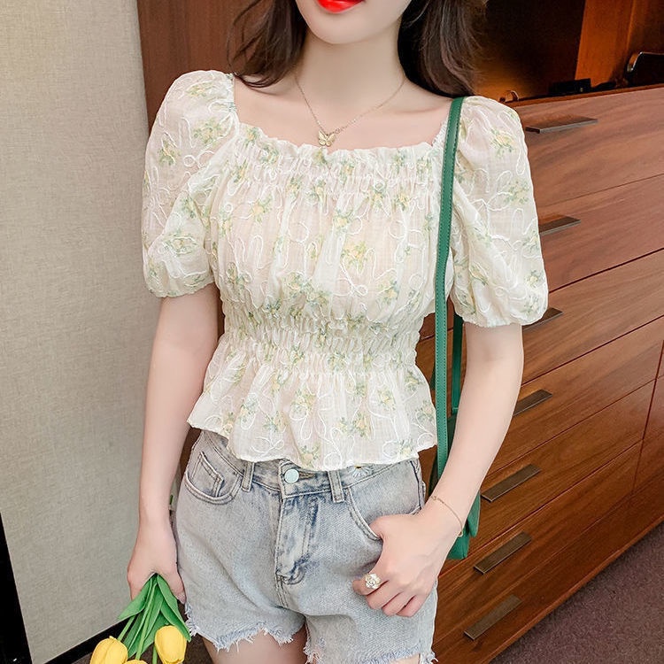 Áo Voan Tay Ngắn Cổ Vuông Xếp Ly Ôm Eo Phong Cách Phương Tây Mẫu Mới 2022 Thời Trang Cho Nữ