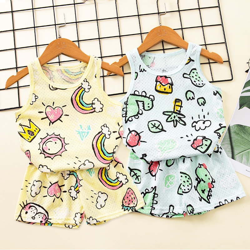 Set Áo Thun Sát Nách Phối Quần Short Vải Cotton Phối Lưới Mỏng In Hoạt Hình Thời Trang Xinh Xắn Cho Bé