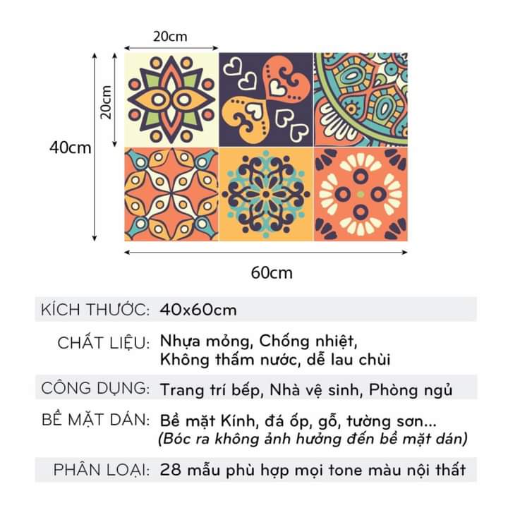 Set 32 ô Decal gạch bông - decan nhiều mẫu cực đẹp trang trí phòng bếp, phòng ngủ