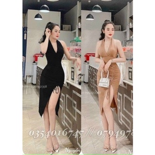 Đầm body chất gân gân yếm rút dây 1 bên có mút