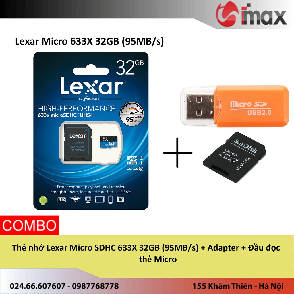 Thẻ nhớ Lexar Micro SDHC 633X 32GB (95MB/s) + Adapter + Đầu đọc thẻ Micro