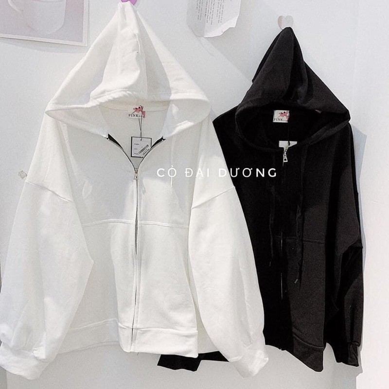 Áo hoodie nam nữ có khóa dọc chất cotton da cá hai màu đen trắng