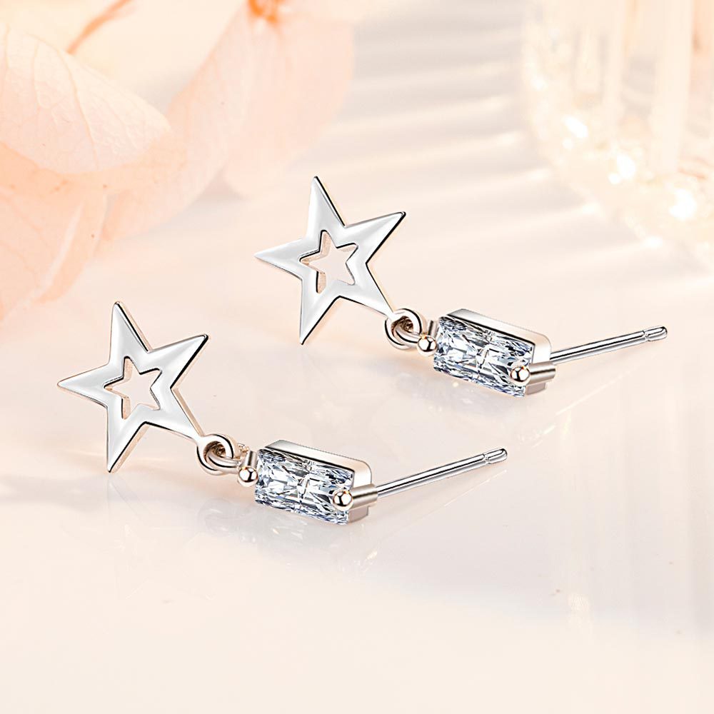 Khuyên Tai Bạc 925 Hình Ngôi Sao Năm Cánh Đính Đá Zircon Phối Dây Tua Rua Ngọt Ngào Cho Nữ-S1