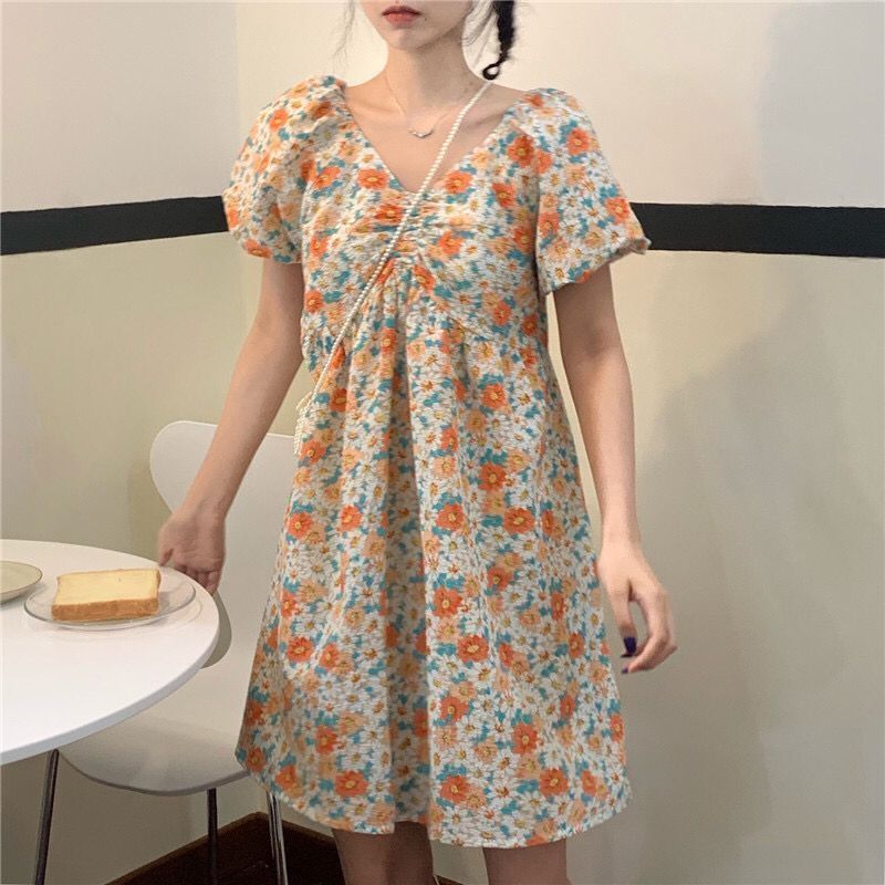 Đầm tay phồng cổ chữ V phong cách Pháp thanh lịch thời trang