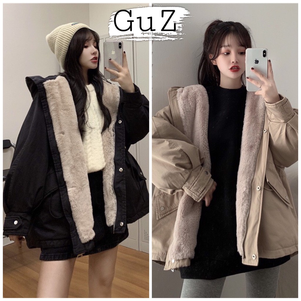 Áo khoác nữ kaki mùa đông có mũ dáng dài 2 lớp dày dặn có lót lông mịn siêu ấm GuZ