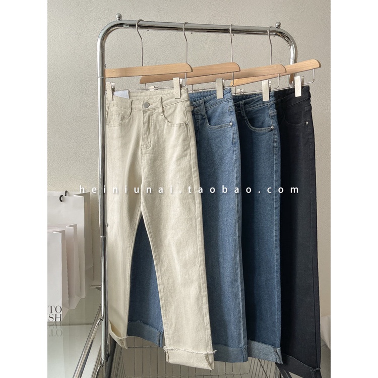 Quần jeans basic cạp cao gập gấu ống đứng phom vừa xinh phù hợp với mọi vóc dáng