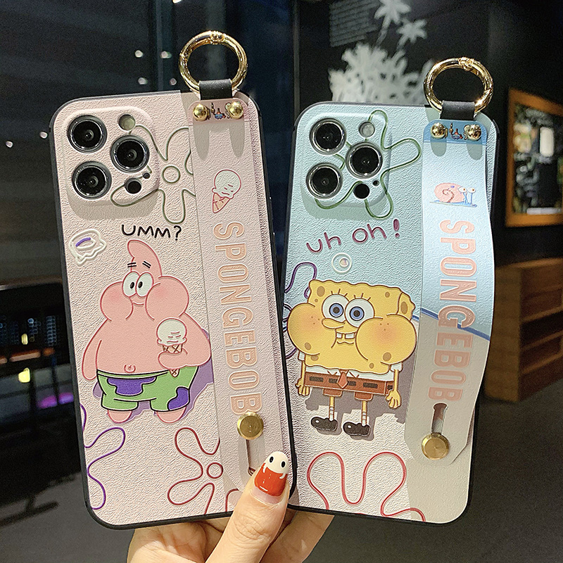 Samsung Galaxy S8 S9 S10 S20 Plus A32 A52 A72 A51 A50 A30S A60 A70 M10 M30 A80 A30 A40 A10S Note 8 9 10 Soft Cartoon SpongeBob Case WIth Wristband