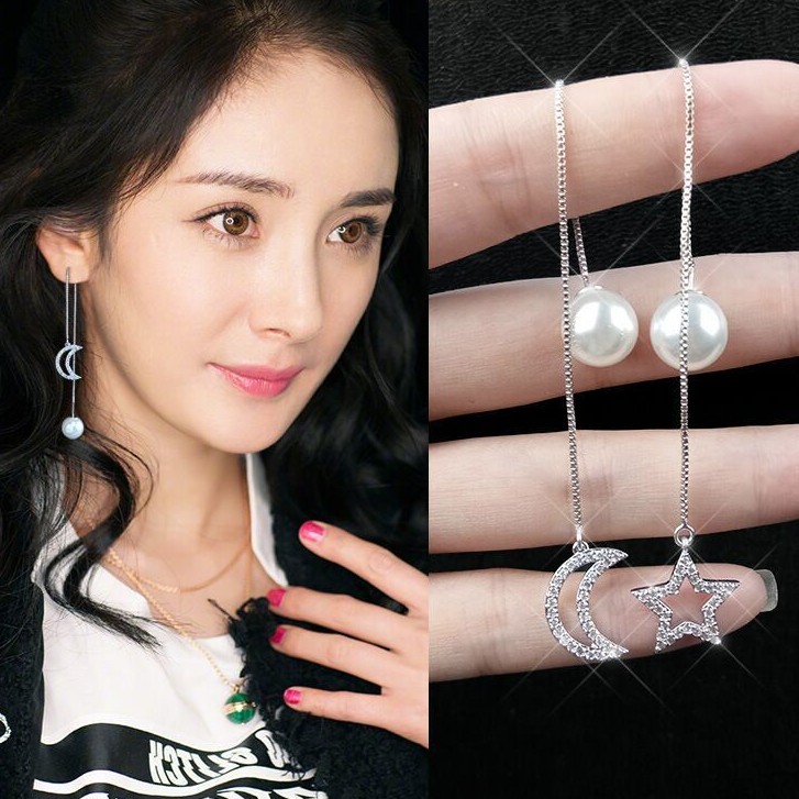 Bông tai dài sợi mảnh hình trăng sao phong cách Hàn Quốc