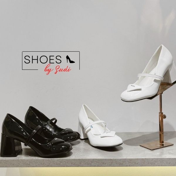 Giày cao gót p r.a đ.a đế vuông SUDI SHOES- SD037-BCF cao 7p bít mũi 2 màu trắng đen bóng dễ phối đồ