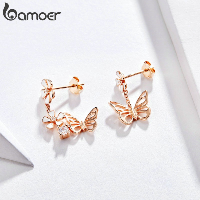 Bộ vòng cổ + hoa tai Bamoer BSE100BSN053 bằng bạc 925 hình bướm mạ vàng hồng thời trang cho nữ