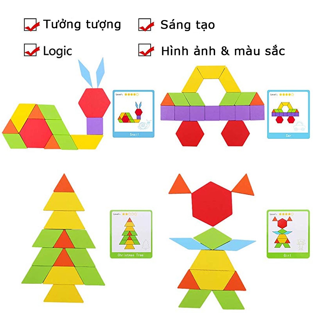 Bộ Ghép Hình Sáng Tạo Pattern Block 155 Chi Tiết, đồ chơi gỗ, giáo cụ montessori, dành cho bé từ 3 tuổi trở lên