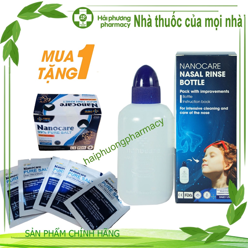 Bình rửa mũi cho bé Nanocare (tặng kèm 20 gói muối khô) giúp dễ dàng rửa sạch các chất nhầy trong mũi