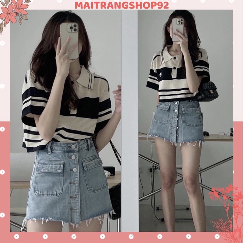 Áo croptop nữ len kẻ dệt kim dáng rộng tay ngắn polo cổ đức phong cách Hàn Quốc cá tính (TTA132)