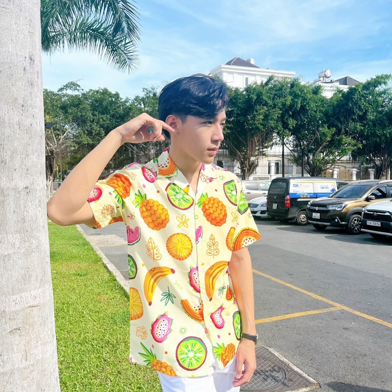 Áo Sơ Mi Họa Tiết Đi Biển Trái Cây Nam Nữ Unisex tay ngắn, chất lụa gân dày đẹp. hàng thiết Kế Mr.Smile 99 Shop
