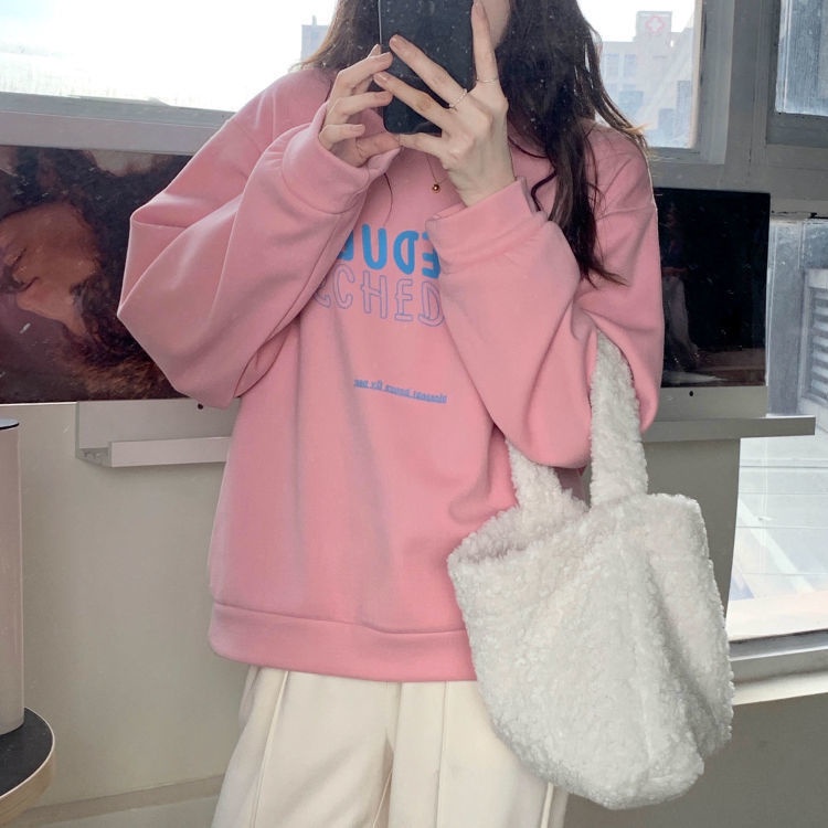 Áo nỉ cổ tròn dáng rộng in chữ mới phong cách Hàn Quốc dễ phối đồ cho nam và nữ