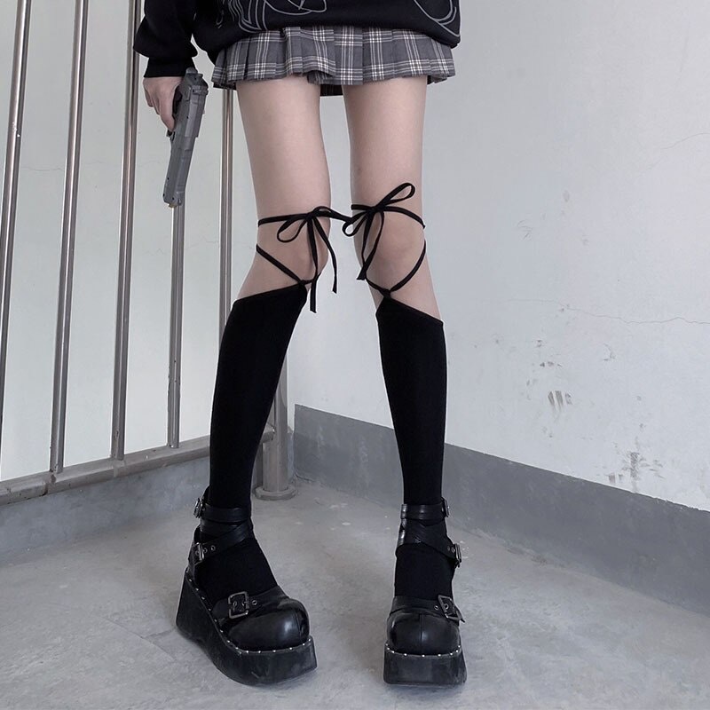 Japanese Cross Straps Knee High Socks Female Stockings Lolita Kawaii Cotton Bottoming Thigh High Socks Harajuku носки женские