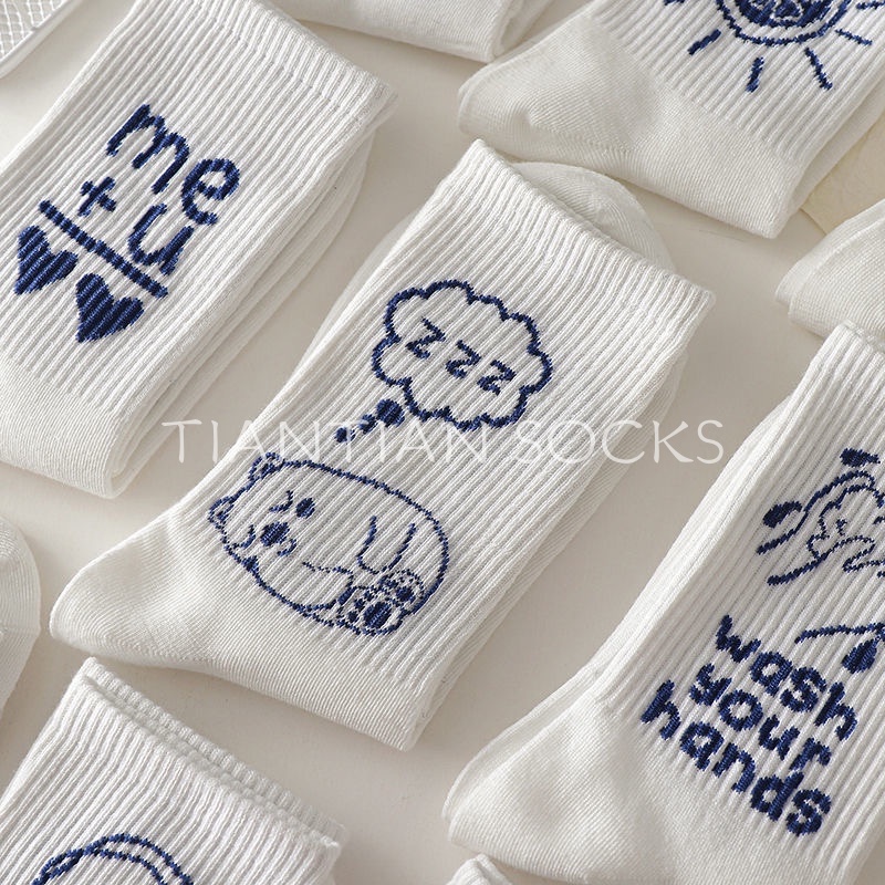 TIAN TIAN T063 Tất vớ nữ cotton cổ cao Sản phẩm cao cấp  Vớ cổ vừa in họa tiết Graffiti hoạt hình đơn giản phong cách Harajuku thời trang xuân thu cho nữ