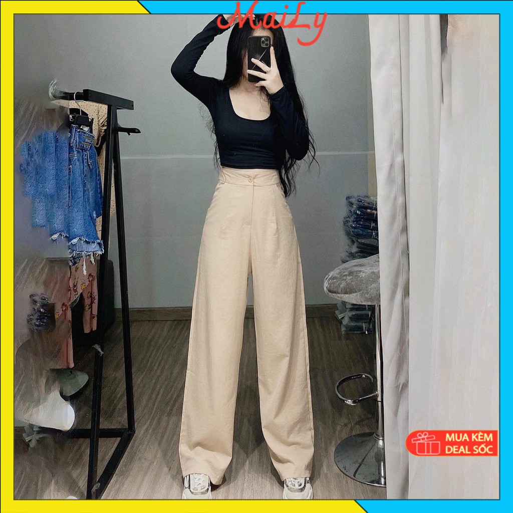 Quần đũi ống rộng 💖 𝑭𝑹𝑬𝑬𝑺𝑯𝑰𝑷 💖 Quần đũi nữ lưng cao dáng suông dài, quần đũi cạp chun co giãn nhẹ thoải mái