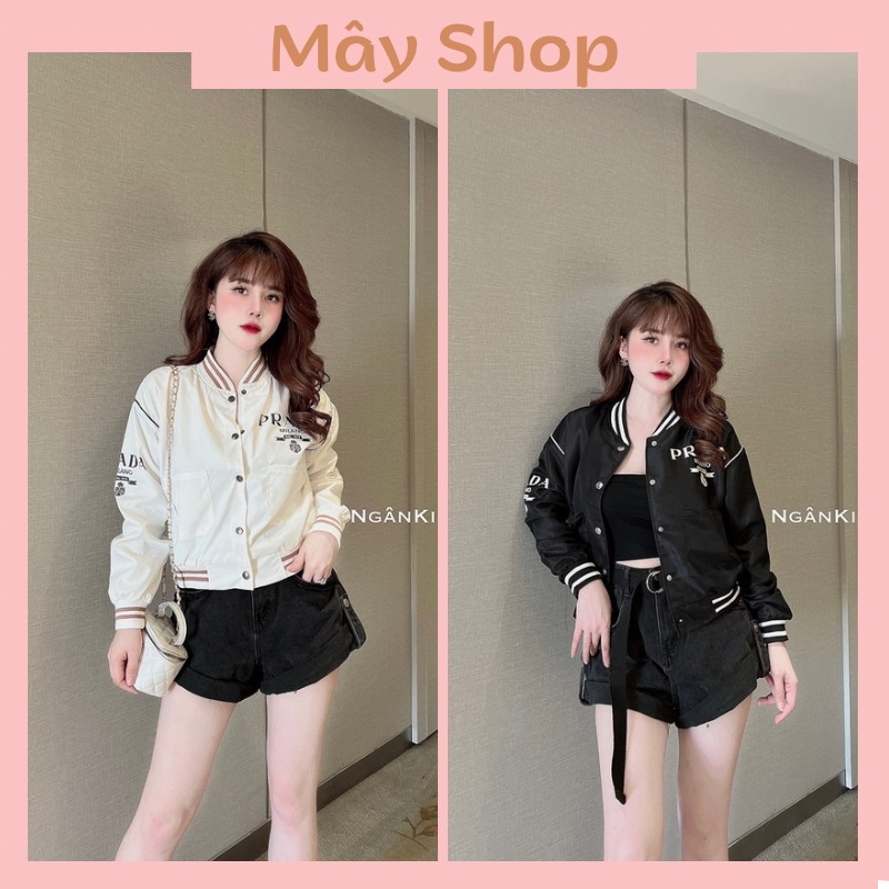 Áo Khoác Cổ Bomber Pra Nữ Đen Trắng Mới Chất Gió Lụa Mềm Lót 2 Lớp Cẩn Thận Cúc Dập Bo Dệt Ống Tay Chuẩn Mẫu