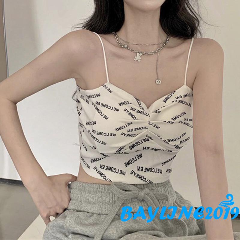 Áo lửng hai dây cổ chữ V họa tiết chữ độc đáo phong cách quyến rũ cho nữ