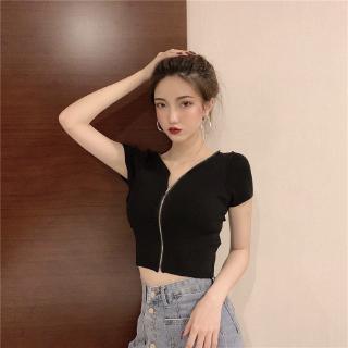 Áo Croptop Cho Nữ Tay Ngắn Cổ Chữ V Màu Trơn Phối Khóa Kéo Cá Tính