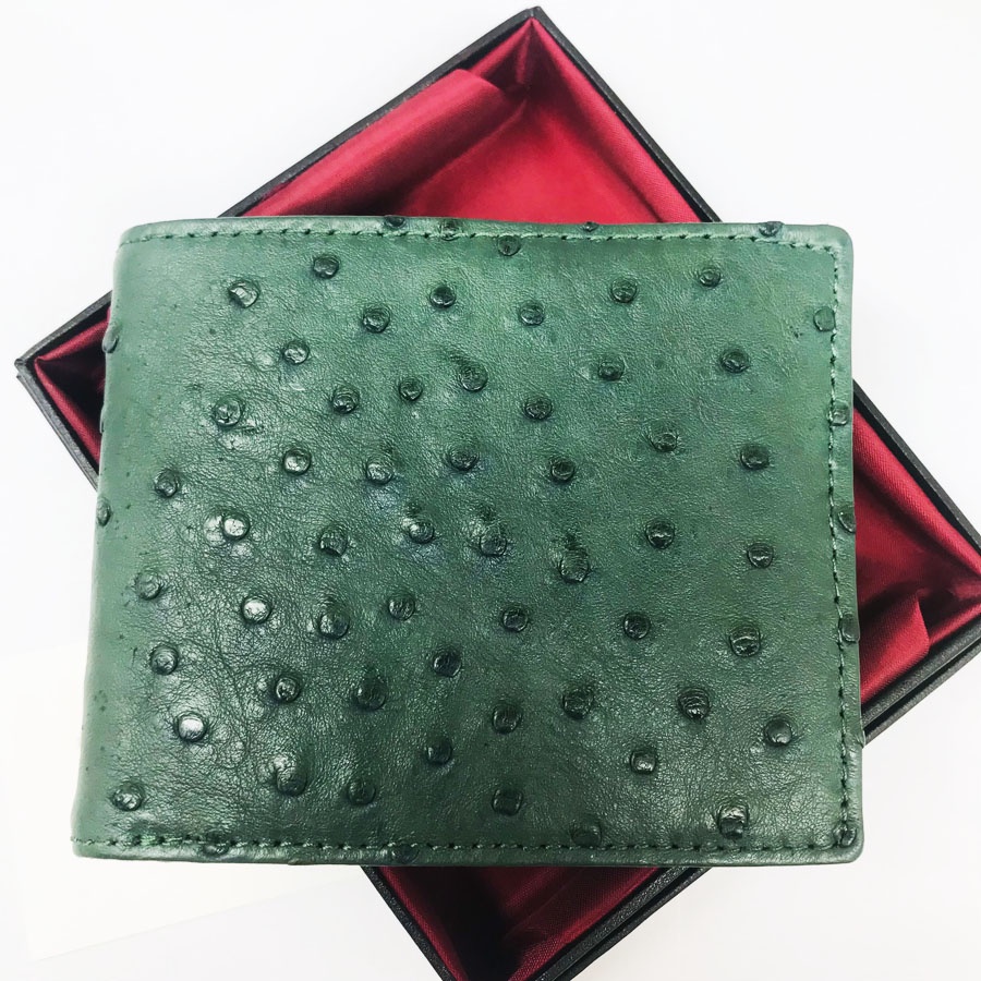 Hàng cao cấp Ví nam da bụng da đà điểu, bóp nam da bụng da đà điểu thật màu xanh lá