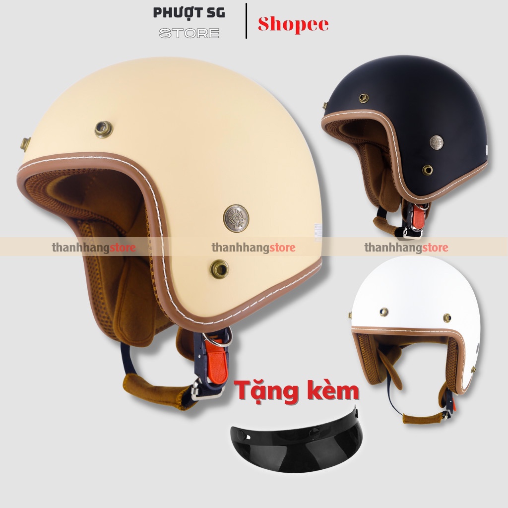 Mũ bảo hiểm 3/4 Classic viền chỉ - SRT mũ phượt nam nữ, tặng kèm lưỡi trai