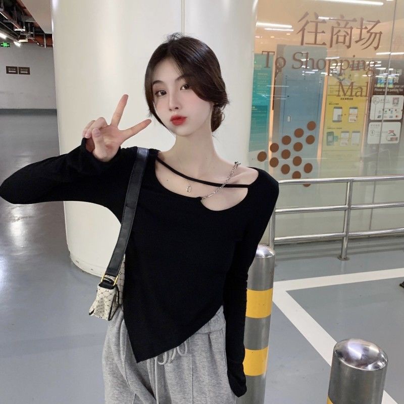 Jiashucheng Áo Thun Mỏng Tay Dài Phối Dây Xích Thiết Kế Khoét Rỗng Thời Trang Cho Nữ