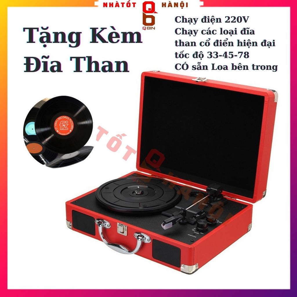 Mâm than đĩa nhựa vinyl LP đa năng dáng valy Chạy đĩa 33-45/78 có sẵn loa , nguồn điện AC 220V Decor Xịn Nge Nhạc Hay