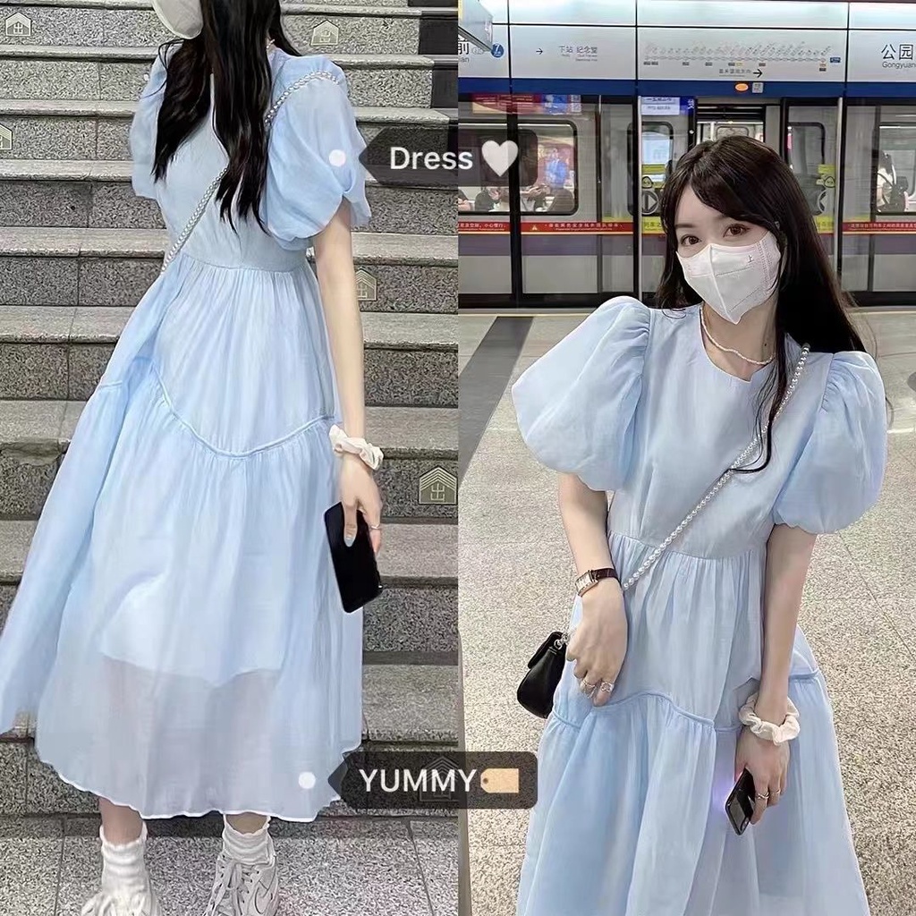 Đầm babydoll MURIOKI tay ngắn phồng cổ tròn phong cách Pháp thời trang 2022 cho nữ