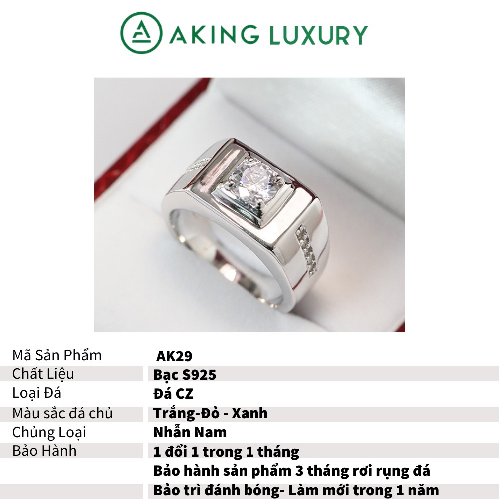 Nhẫn bạc nam  AKING LUXURY AK29 cao cấp, Nhẫn  nam đính đá đơn giản với viên đá chủ to mạnh mẽ (có 3 màu lựa chọn)