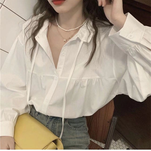 Áo Sơ Mi Tay Dài Dáng Rộng Màu Trơn Cột Dây Phong Cách Pháp Thời Trang Mới Cho Nữ
