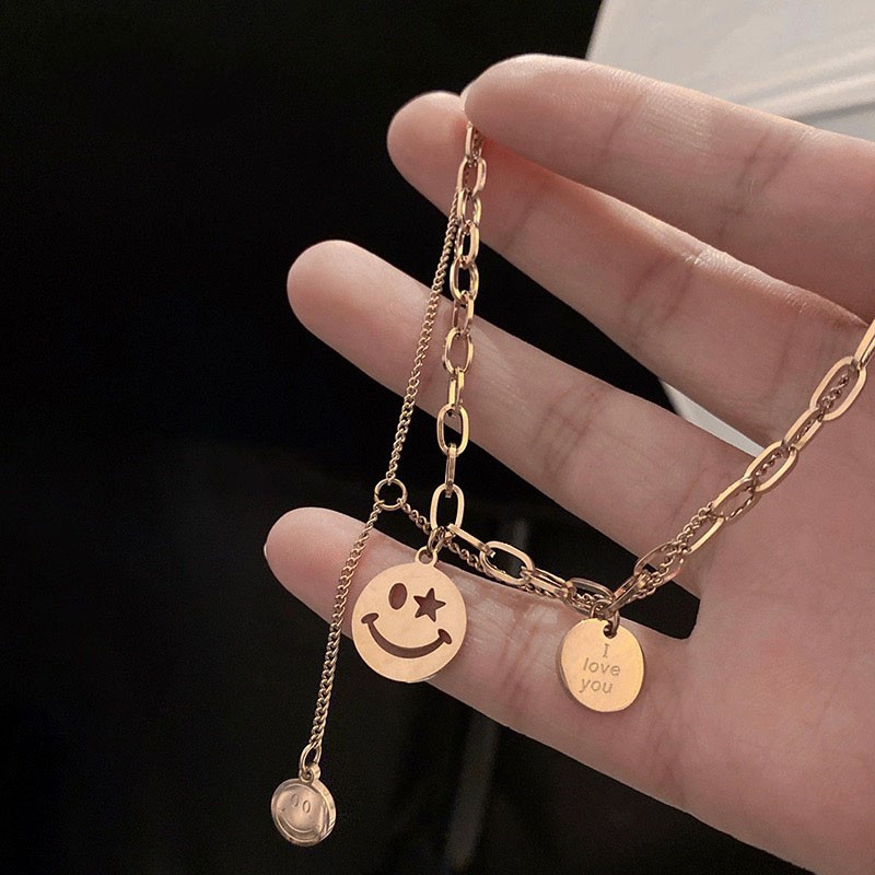 Vòng Tay Hai Lớp Bằng Thép Titan Mạ Vàng Hồng / Bạc / Vàng Hồng 18K Mặt Hình Mặt Cười Phong Cách Hàn Quốc