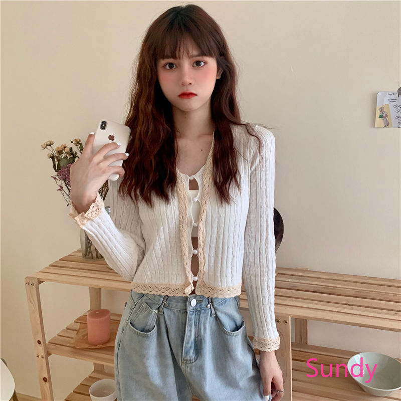 Áo sweater dài tay phối viền ren xinh xắn cho nữ