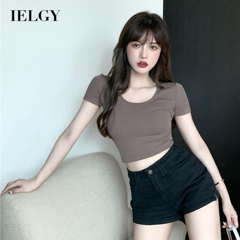 Áo thun croptop IELGY tay ngắn ôm dáng vừa vặn màu trơn thời trang đơn giản dành cho nữ