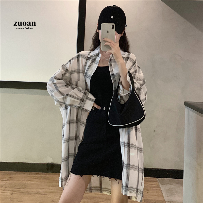 SUXI Áo sơ-mi tay dài họa tiết kẻ ca rô hợp thời trang cho nữ