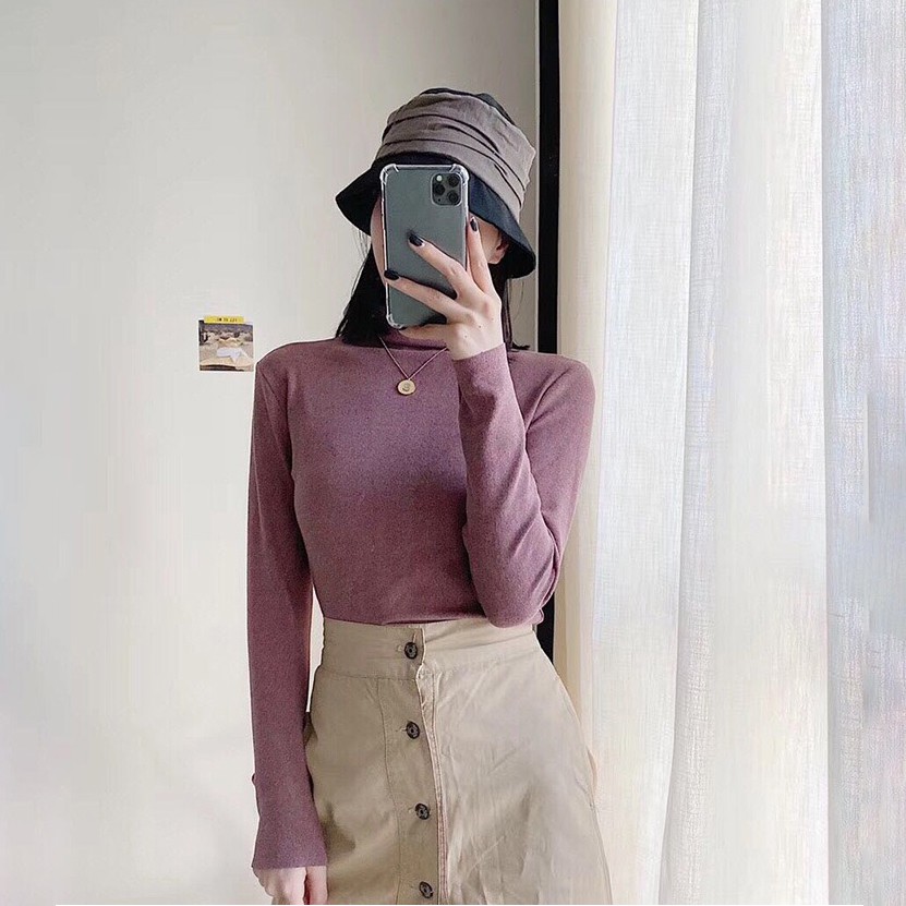 Xả hàng - Áo giữ nhiệt nữ motie trơn cổ 3 cm loại 1 Túi Zip vàng 1Z09