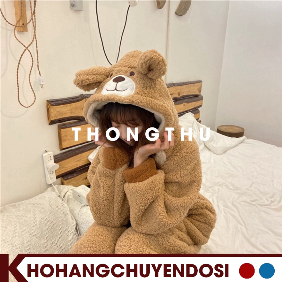 Bộ ngủ lông gấu màu nâu, bộ gấu liền thân thêu hình đẹp cho nữ siêu ấm, đồ ngủ mùa đông lông cừu giữ nhiệt tốt-THONGTHU | BigBuy360 - bigbuy360.vn