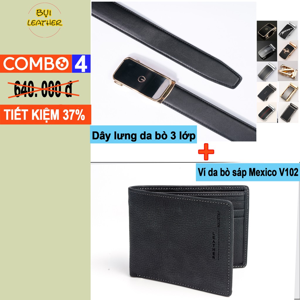 [MUA 1 ĐƯỢC 2] COMBO: 1 dây lưng da bò 3 lớp L104 và 1 Ví nam da bò sáp V102 - TIẾT KIỆM 37% CHI PHÍ