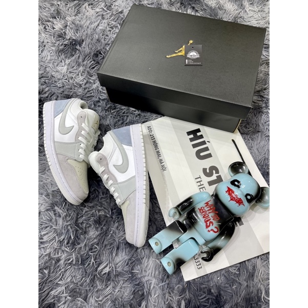 Giầy Thể Thao Air Jordan Paris Low Xám Xanh Trắng Bản BEST |Logo Mông Dập Nổi| Đế Khâu