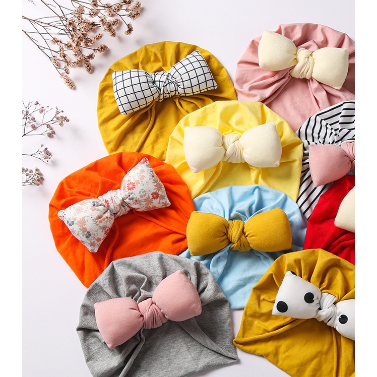 Mũ turban nơ tròn chất liệu cotton mềm mịn co dãn  dành cho bé gái từ sơ sinh