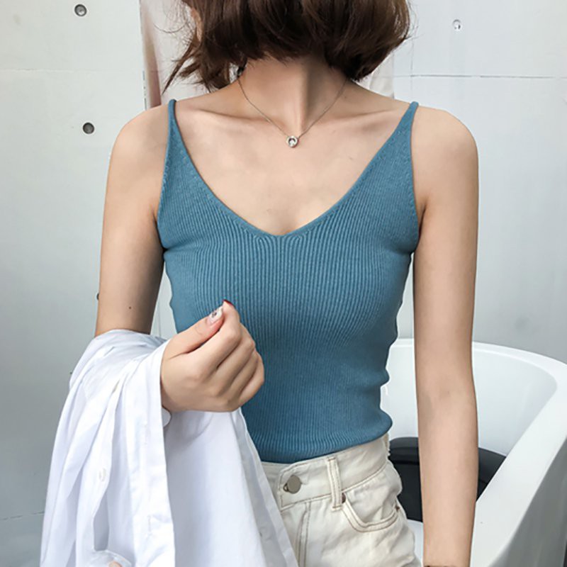 Áo Tank Top cổ chữ U màu trơn phong cách retro