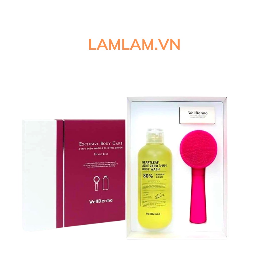 Set sữa tắm  kèm ( gậy massage Wellderma + Kem đánh răng  Median Dental IQ 93% bạc )